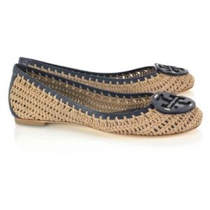 Tory Burch Tan/Brown Reva Crochet & Leather Flats